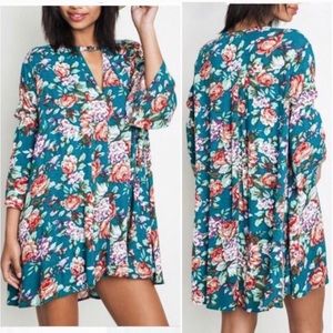 Umgee Boho Green Floral Print Mini Dress
